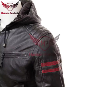Chaqueta de Cuero Genuino para Hombre, con Capucha, Franja Roja en las Mangas, Estilo Bomber, Detalles en Tejido de Punto, Diseño Clásico, Abrigo Cálido de Invierno - Product Image 3