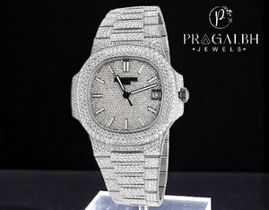 Round D Color Moissanite Men Automatic <b>Watch</b> <b>White</b> Gold Plated Stainless Steel <b>Watch</b> - Product Image 3