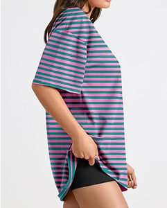 Último diseño rayas camiseta de gran tamaño hombro caído ajuste holgado de talla grande patrón de moda verano mujeres camisetas transpirables - Product Image 4