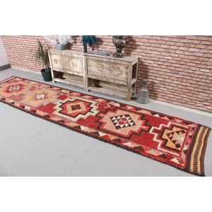 Vintage Rug, 2.8x12.3 ft <b>Runner</b> Turkish Rug, Herki <b>Red</b> Brown Abstract Rug - Product Image 2