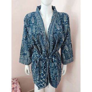 Robe Kimono Décontractée Indigo Kantha en Tissu Doux avec Taille Élastique et Cordon de Serrage, Manches Longues, Idéale pour le Printemps, Mariage, Nuit, Famille, 1 Pièce - Product Image 4