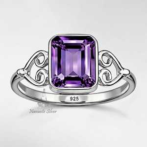 Natural Amethyst <b>Ring</b>, 925 Sterling <b>Silver</b> Handmade <b>Emerald</b> Cut Boho Jewelry - Product Image 1