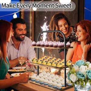 ชั้นวางคัพเค้กไม้และโลหะ 3 ชั้น สีน้ำตาล สไตล์ฟาร์มเฮาส์ ขนาดใหญ่ ถาดเสิร์ฟอเนกประสงค์สำหรับจัดแสดงและเสิร์ฟขนมหวาน - Product Image 3