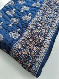 Gold Floral Razai Quilt Queen Size Organic Cotton <b>Blanket</b> Rajasthani Block Print Style - Product Image 5