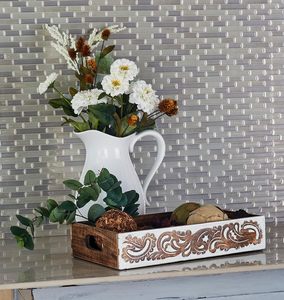 Juego de 2 bandejas de madera de mango con laterales tallados, bandeja redonda marrón para servir desayunos, bandeja de madera para servir - Product Image 2