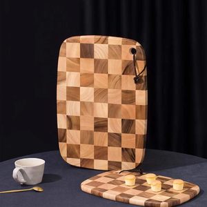 Planche à découper en bois d'acacia Bloc de boucher épais à carreaux Design en damier pour charcuterie Sushi Plateau de service à légumes - Product Image 6