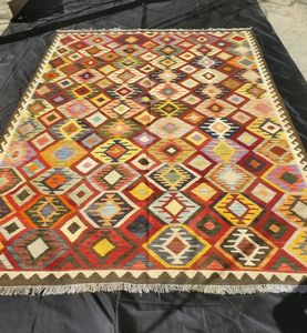 Tapis afghan Maimana Kilim tissé à la main, multicolore, géométrique, à armure plate, en laine douce, style outils de tricot - Product Image 3