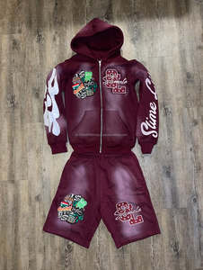 Apliques bordados parche desgastado lavado ácido Vintage multicolor 100% algodón Sudadera con capucha pantalones cortos 2 piezas Unisex verano High Street - Product Image 2