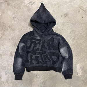 Custom <b>Zip</b> up Distress Embroidered Patch Sharp Hood Hoodie Rhinestone Acid Washed Colour Hoodie <b>Full</b> Rhinestones Hoodie - Product Image 1