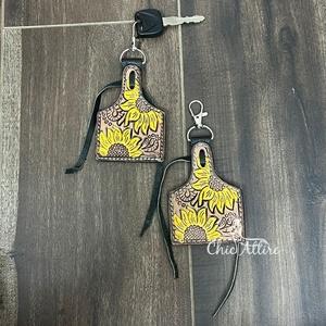Llavero de Cuero Hecho a Mano con Diseño de Girasol, Estilo Occidental, Etiqueta de Cuero de Vaca con Flecos, Porta Llaves - Product Image 1