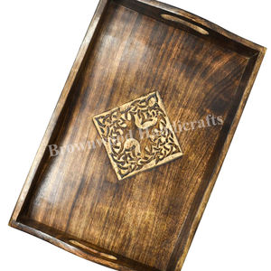 Bandeja de servicio de madera de mango macizo de forma Rectangular de Color quemado tallada a mano más vendida para restaurantes caseros uso multiusos - Product Image 3