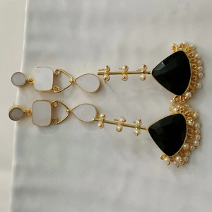 Trendy White And Black Stone <b>Long</b> <b>Earrings</b> Indian Jewellery Dangle Drop Gold Plated Brass Big Chunky Fashion Jewellery - Product Image 3