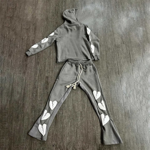 Jogger Set Men's Custom Flared Tracksuit Streetwear Graphic 3D Puff Print Stacked <b>Raw</b> Hem Cut Edge Hoodie - Product Image 2