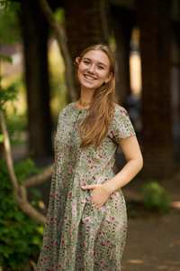 Robe bohème New Amie, imprimée à la main, en coton pur, motif floral vert et rose, tenue décontractée - Product Image 5