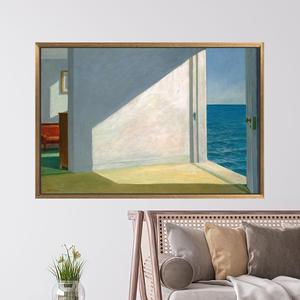 Arte impreso en lienzo para pared: Serenidad costera, luz y espacio inspirados en Hopper, 1 pieza: Marco dorado - Product Image 1