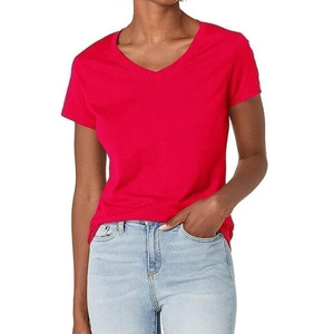 Camiseta de manga de alta calidad con cuello en V para mujer, 100% algodón, corta, transpirable, estampado de logotipo personalizado, venta al por mayor, nueva colección de verano - Product Image 1