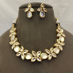 Luxury Floral Kundan Necklace <b>Set</b> with White Crystal <b>Beads</b> Royal Look Kundan Necklace <b>Set</b> with Earrings - Product Image 1