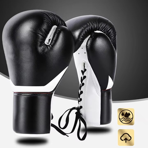 Guantes de Boxeo Profesionales de Alta Calidad, de Cuero Vacuno Genuino Negro, con Cordones, para Entrenamiento de Kickboxing y Sparring - Product Image 3