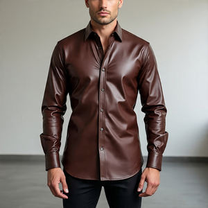 Chemises Hip Hop respirantes décontractées de haute qualité à col rabattu et bouton en corne en cuir de mouton véritable pour hommes - Product Image 4