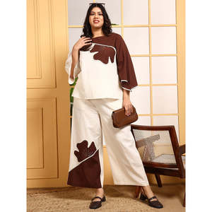 DEEBACO Women's Plus Size Solid Off <b>White</b> Cotton Embroidered Patch <b>Work</b> Co-Ord Set Boat Neck Top and Ankle Length <b>Trouser</b> Outfit - Product Image 1