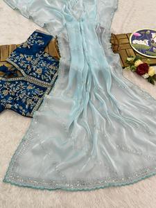 Hermoso Sari de seda suave con lentejuelas de trabajo y borde, blusa cosida, Sari de función de boda de diseñador, Sari de fiesta. - Product Image 6