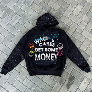 Venta al por mayor personalizado Zip up Pullover Impreso Sharp Hood Hoodie Rhinestone Acid Washed Color Hoodie Full Rhinestones Hoodie - Product Image 2