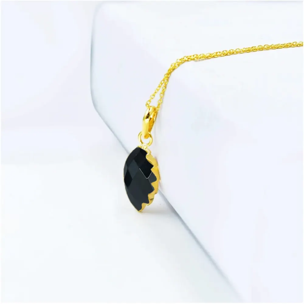 925 Sterling Silver Black Onyx Gemstone forma di foglia oro Vermeil collana con ciondolo a catena con ciondolo intagliato con pietre preziose