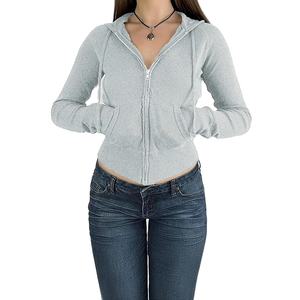 <b>Women's</b> Spring Autumn Winter <b>Cardigan</b> Solid Color Slim Fit Short Zipper Stand Collar Drawstring <b>Hood</b> Sweatshirt - Product Image 5