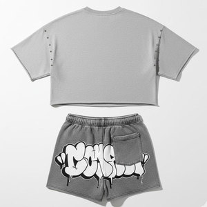 Ensemble de style vintage pour homme, t-shirt délavé et short assorti, esthétique rétro, vêtements décontractés pour homme, bleu délavé au soleil, noir - Product Image 2