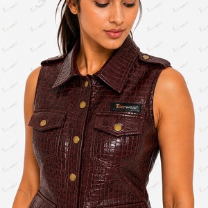 Gilet sans manches en cuir PU pour femme avec col rabattu et fermeture boutonnée, couleur unie, vêtement d'extérieur décontracté - Product Image 6