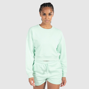 Sudadera recortada ligera para mujer, dobladillo elástico en relieve, cuello redondo de gran tamaño, logotipo personalizado, Top corto deportivo para gimnasio, ejercicio de invierno - Product Image 1