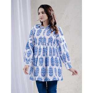 Top Azul de Algodón con Estampado Butta Block Transpirable, Cintura Imperio, Estilo Casual - Product Image 5