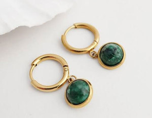 Impresionante pendiente colgante chapado en oro de plata de ley hecho a mano, Juego de puntas de gemas de corte de ónix verde, joyería de forma redonda de 10mm para mujer - Product Image 2
