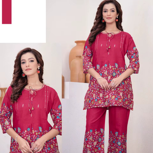 Conjunto de Kurta y Pantalón con Estampado Floral Rosa para Mujer, Ropa Tradicional Étnica de Algodón - Product Image 1
