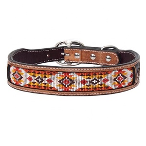 Collier de chien en cuir de vache perlé personnalisé durable avec outillage à la main et sculpture fabricant de gros sur mesure - Product Image 1