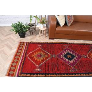 3.2x11.6 ft Rug, Vintage Turkish Rug, <b>Red</b> Herki <b>Wool</b> Rug - Product Image 2