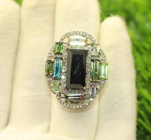 Bague cocktail en argent sterling 925 avec tourmaline naturelle multicolore et diamant taille unique, plaquée rhodium, sertie à griffes, pour soirée de luxe - Product Image 5