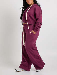 Conjunto de 2 Piezas de Sudadera Corta con Cremallera y Pantalones Acampanados de Encaje Bordado Sólido para Mujer, 100% Algodón, Logotipo Personalizado, Chándales - Product Image 3