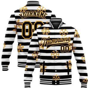 Veste bomber 3D à fermeture éclair intégrale, style universitaire, décontractée, hiver, personnalisée, noir, or-blanc, flocons de neige dorés de Noël, vente en gros directe de l'industrie - Product Image 1