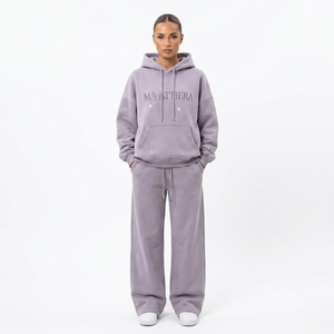 Conjunto de Sudadera con Capucha Lavanda Oversize y Pantalones Anchos de Felpa de Algodón para Mujer, Estilo Urbano, Venta al por Mayor OEM - Product Image 1