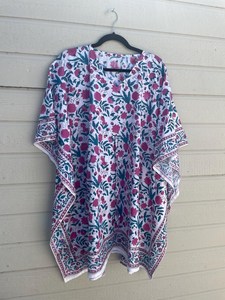 Kaftan en coton imprimé bloc fait à la main court 38 couvrir | Robe de plage d'été | Caftan de salon Boho en pur coton - Product Image 6