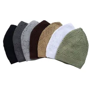 Wholesale Custom Embroidery Islamic Men'S Cap Muslim Prayer Cap solid color's Muslim Islamic Kufi Hat Top Knitted Men Muslim Hat