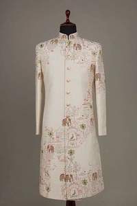 Novio Sherwani pantalón traje de boda terciopelo tela de seda cuentas de cristal Dabka trabajo mandarín cuello de un solo pecho - Product Image 3