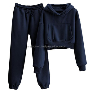 เสื้อครอป2ชิ้นสำหรับผู้หญิง, เซ็ตกางเกงวิ่งแขนยาวเสื้อคอกลมแบบสวมหัวมีเชือกรูดโลโก้เลานจ์น้ำหนักเบา - Product Image 1