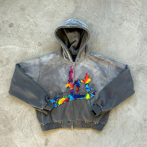 Ropa de calle, chándal lavado con ácido, sudaderas con capucha recortadas y cremallera, conjunto de chándal, pantalones de chándal acampanados Vintage y conjunto de Sudadera con capucha para hombres - Product Image 2