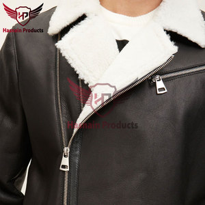 <b>Mens</b> Real <b>Shearling</b> Leather <b>Jacket</b> Black White Fur Collar Asymmetric Zip Pocket Sheepskin Aviator Coat Custom Winter Outer - Product Image 2