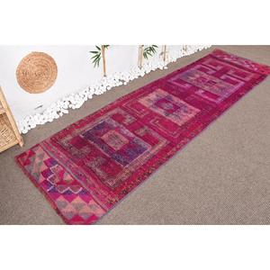 Vintage Rug, 2.8x10 ft <b>Runner</b> Turkish Rug, Herki <b>Red</b> Purple Check Rug - Product Image 4