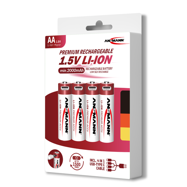 Ansmann High Quality AA 2000mAh Lithium Rechargeable Batteries 1.5V USB Type-C R6 Solid State 1000-Cycle Life