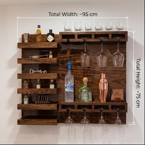 Rustic Wood Wall Shelf 5 Tier Hanging Storage <b>Rack</b> For Wine <b>Glasses</b> And Bottles - Product Image 6