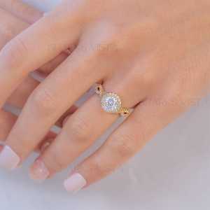 Anillo de Compromiso de Diseño de Lujo con Halo de Moissanita en Oro de 10K/14K/18K, Certificado GIA, Engaste de Bisel, Joyería de Diamante Ovalado, Banda Trenzada, Moderno - Product Image 3